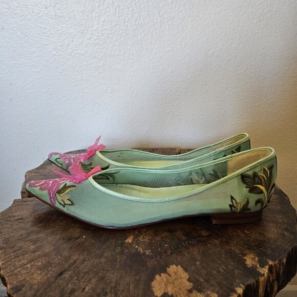 Beverly Feldman Love Diamonds Green Mesh Embroidered Flats with Pink Bows 8.5 M - Picture 13 of 15